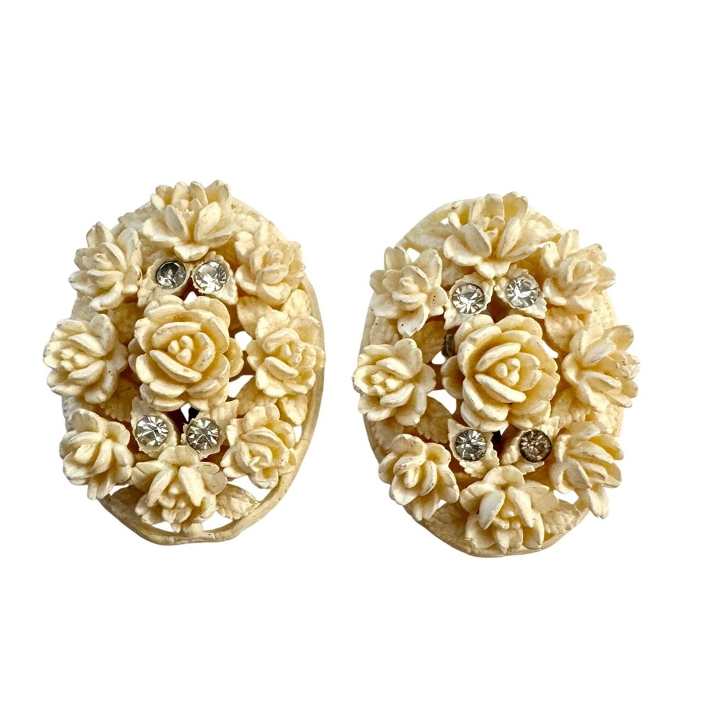 Vintage‎ Cream Celluloid Carved Roses Statement Earrings Oval Cottage Feminine